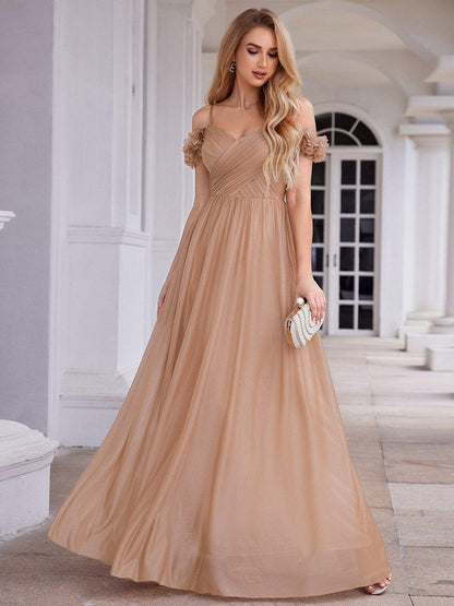 ever AYLANI|Sparkling V-Neck Floral Cold-Shoulder Evening Dress with Pleated