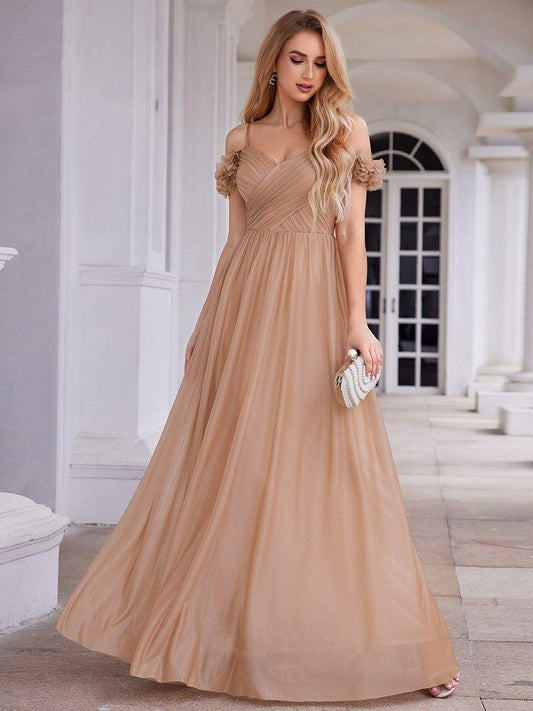 ever AYLANI|Sparkling V-Neck Floral Cold-Shoulder Evening Dress with Pleated