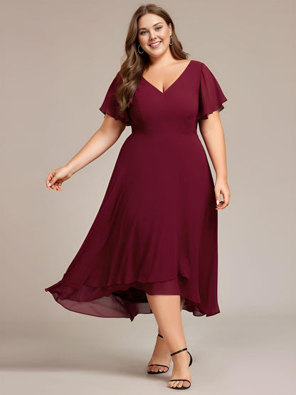 pretty AALIA|Plus Size Flowing Chiffon V-Neck Ruffle Sleeves Wedding Guest Dress