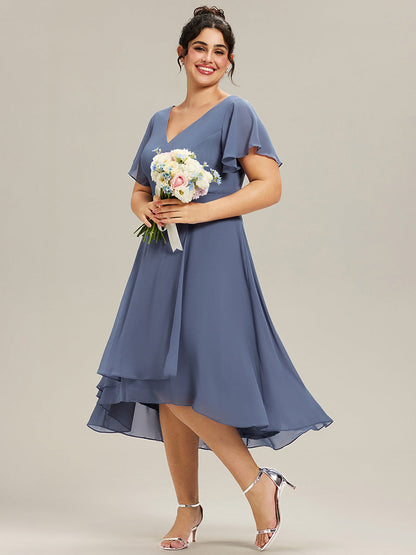 pretty AALIA|Plus Size Flowing Chiffon V-Neck Ruffle Sleeves Wedding Guest Dress