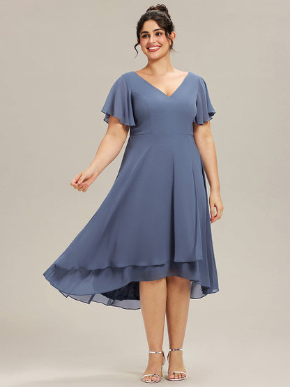 pretty AALIA|Plus Size Flowing Chiffon V-Neck Ruffle Sleeves Wedding Guest Dress
