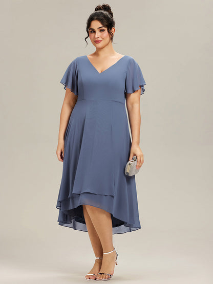 pretty AALIA|Plus Size Flowing Chiffon V-Neck Ruffle Sleeves Wedding Guest Dress