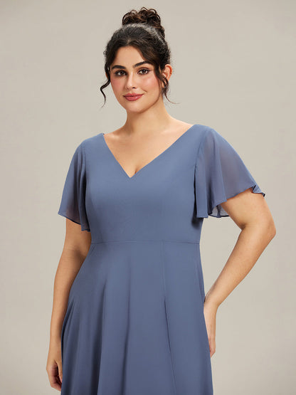 ever AALIA|Flowing Chiffon V-Neck Ruffle Sleeves Wedding Guest Dress