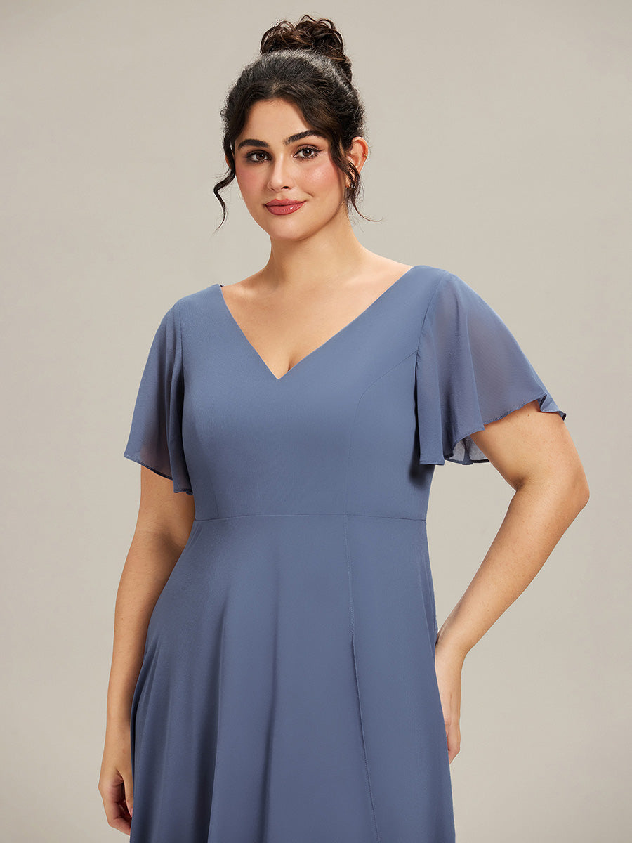 pretty AALIA|Plus Size Flowing Chiffon V-Neck Ruffle Sleeves Wedding Guest Dress