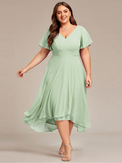 pretty AALIA|Plus Size Flowing Chiffon V-Neck Ruffle Sleeves Wedding Guest Dress