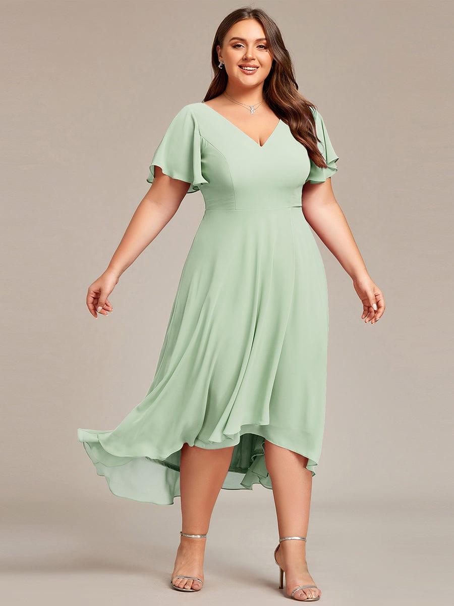 pretty AALIA|Plus Size Flowing Chiffon V-Neck Ruffle Sleeves Wedding Guest Dress