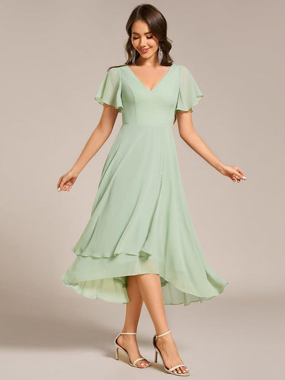 ever AALIA|Flowing Chiffon V-Neck Ruffle Sleeves Wedding Guest Dress