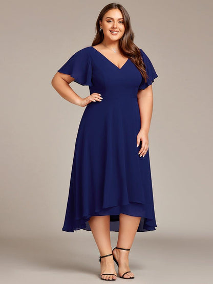 pretty AALIA|Plus Size Flowing Chiffon V-Neck Ruffle Sleeves Wedding Guest Dress