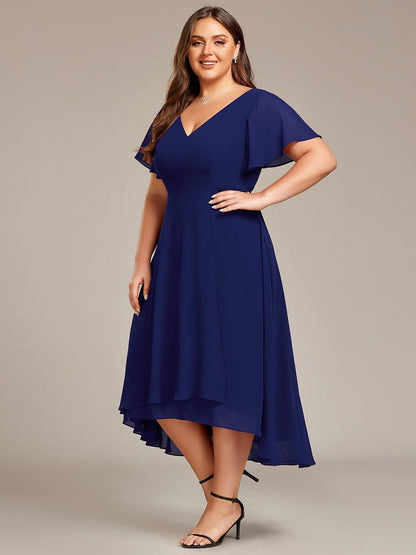 pretty AALIA|Plus Size Flowing Chiffon V-Neck Ruffle Sleeves Wedding Guest Dress