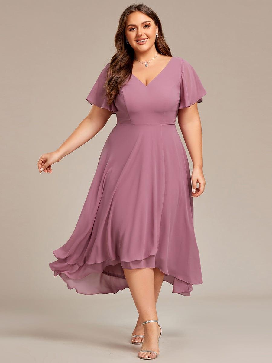 pretty AALIA|Plus Size Flowing Chiffon V-Neck Ruffle Sleeves Wedding Guest Dress