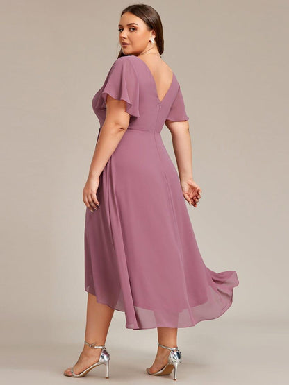 pretty AALIA|Plus Size Flowing Chiffon V-Neck Ruffle Sleeves Wedding Guest Dress