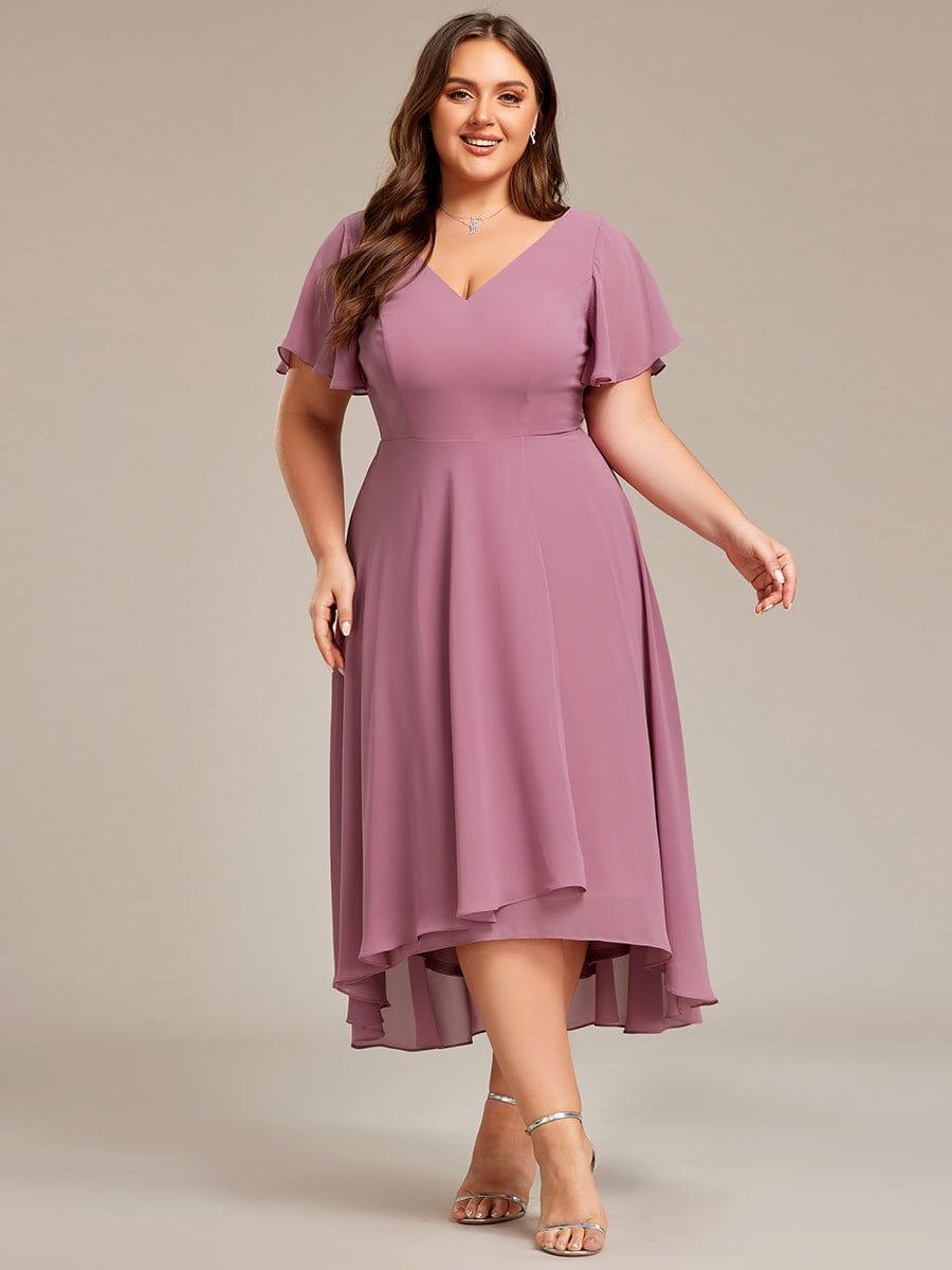 pretty AALIA|Plus Size Flowing Chiffon V-Neck Ruffle Sleeves Wedding Guest Dress