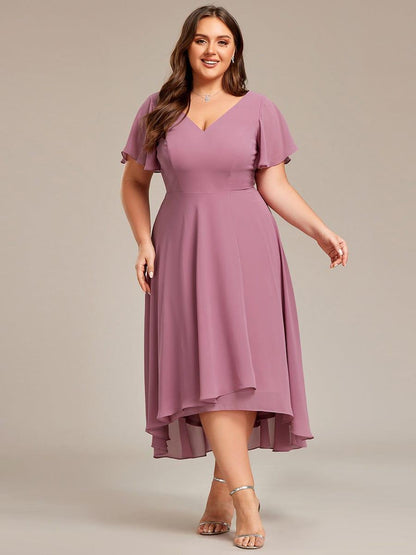 pretty AALIA|Plus Size Flowing Chiffon V-Neck Ruffle Sleeves Wedding Guest Dress