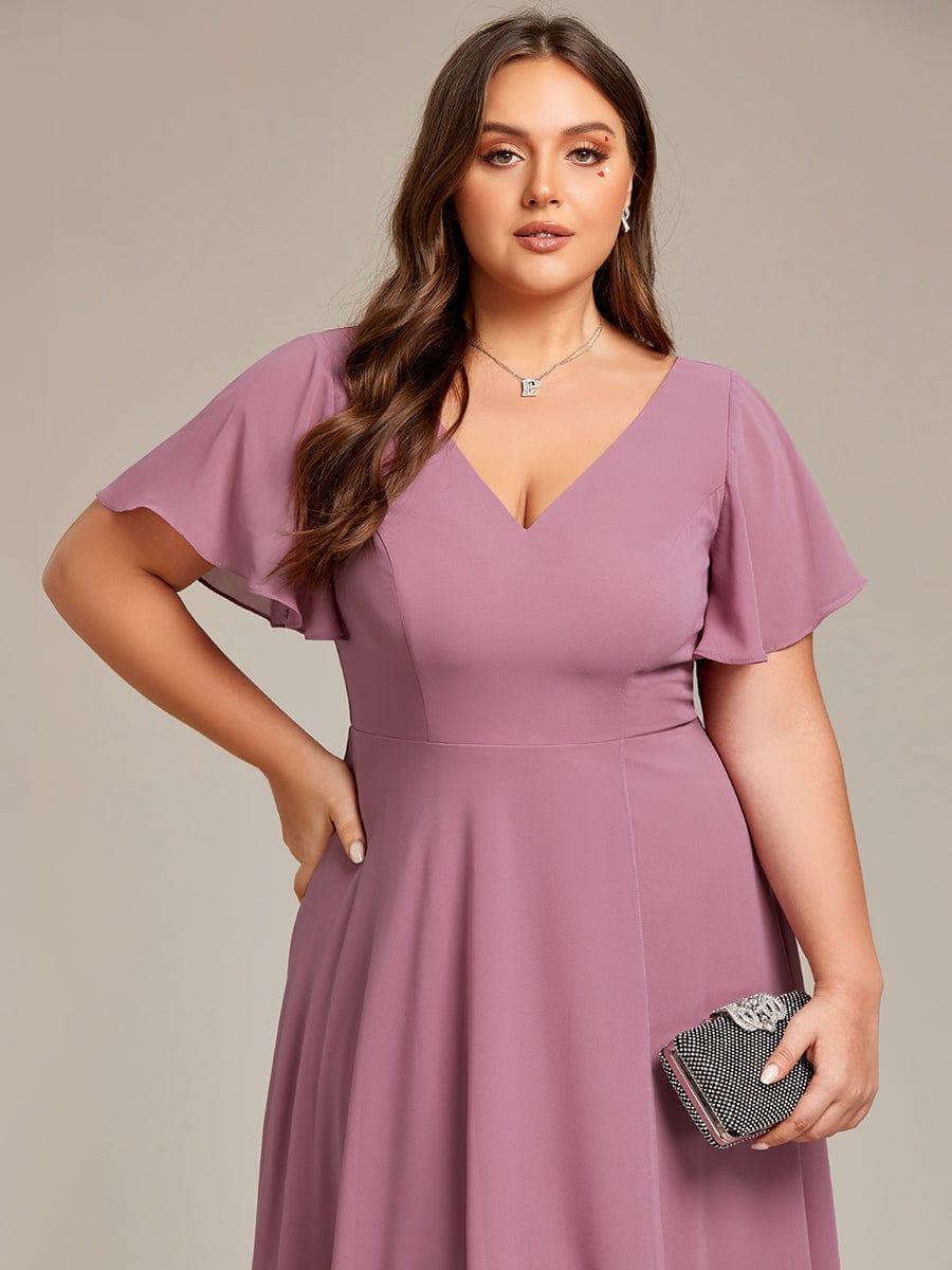 pretty AALIA|Plus Size Flowing Chiffon V-Neck Ruffle Sleeves Wedding Guest Dress