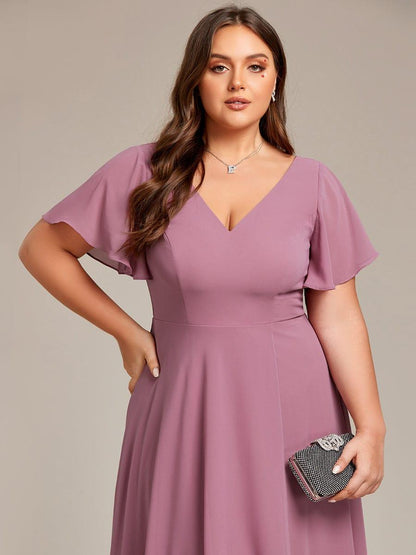 pretty AALIA|Plus Size Flowing Chiffon V-Neck Ruffle Sleeves Wedding Guest Dress