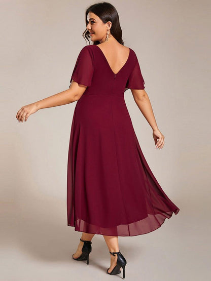 ever FAYE|Chic V Neck Asymmetrical Hem Ruffles Sleeve Pleated Chiffon Wedding Guest Dress