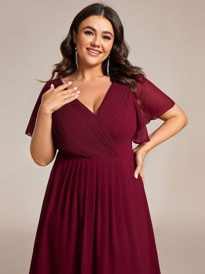 ever FAYE|Chic V Neck Asymmetrical Hem Ruffles Sleeve Pleated Chiffon Wedding Guest Dress