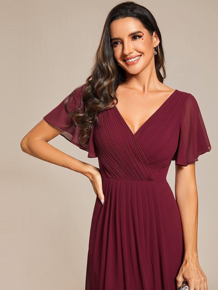 ever FAYE|Chic V Neck Asymmetrical Hem Ruffles Sleeve Pleated Chiffon Wedding Guest Dress