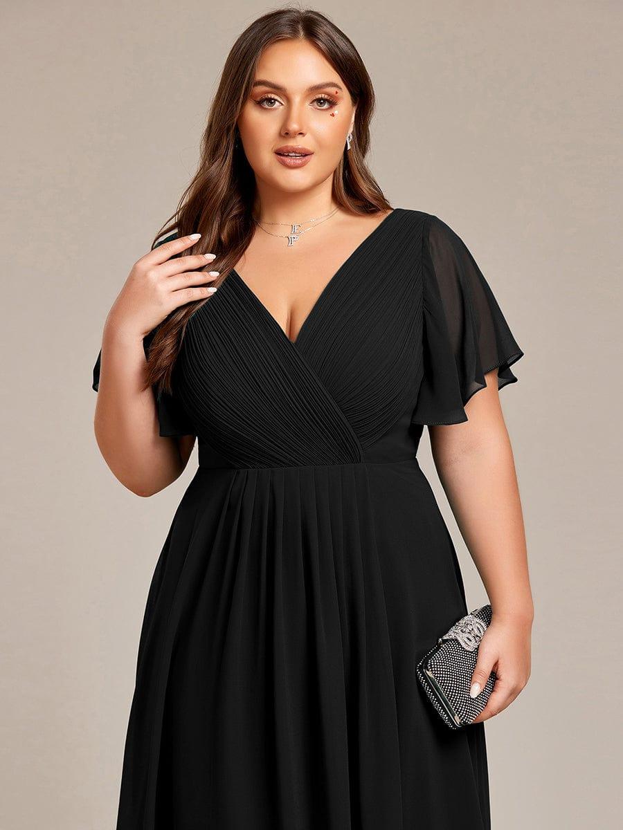 ever FAYE|Chic V Neck Asymmetrical Hem Ruffles Sleeve Pleated Chiffon Wedding Guest Dress