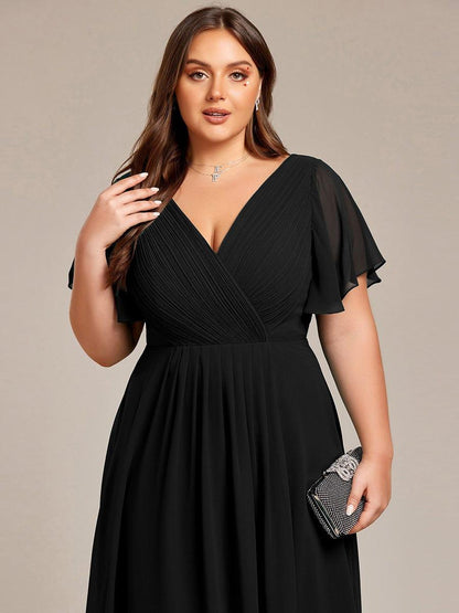 ever FAYE|Chic V Neck Asymmetrical Hem Ruffles Sleeve Pleated Chiffon Wedding Guest Dress