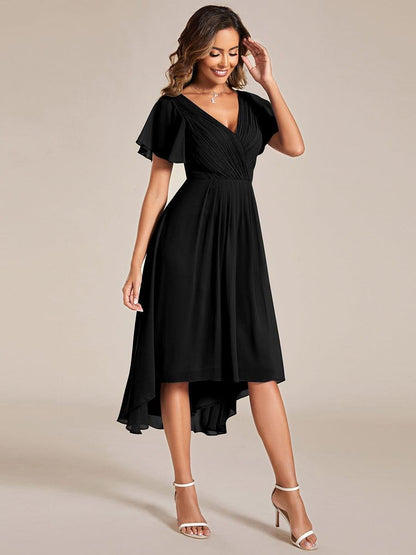 ever FAYE|Chic V Neck Asymmetrical Hem Ruffles Sleeve Pleated Chiffon Wedding Guest Dress