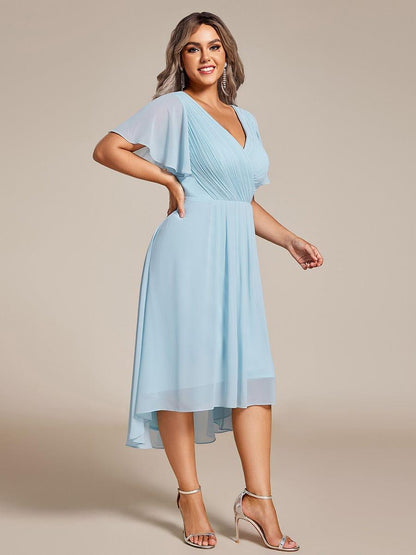 pretty FAYE|Plus Size Double V-Neck Ruffles Sleeve Chiffon Midi Wedding Guest Dress