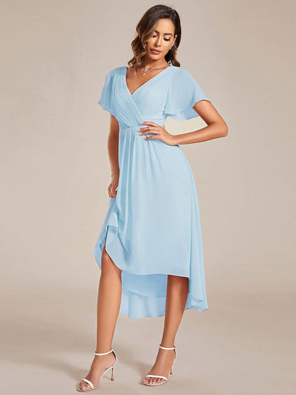 ever FAYE|Chic V Neck Asymmetrical Hem Ruffles Sleeve Pleated Chiffon Wedding Guest Dress