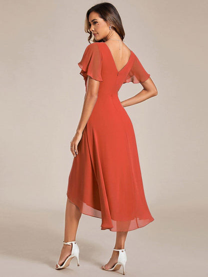 ever FAYE|Chic V Neck Asymmetrical Hem Ruffles Sleeve Pleated Chiffon Wedding Guest Dress