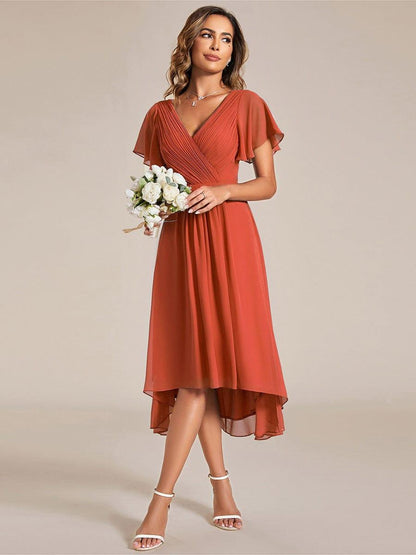 ever FAYE|Chic V Neck Asymmetrical Hem Ruffles Sleeve Pleated Chiffon Wedding Guest Dress