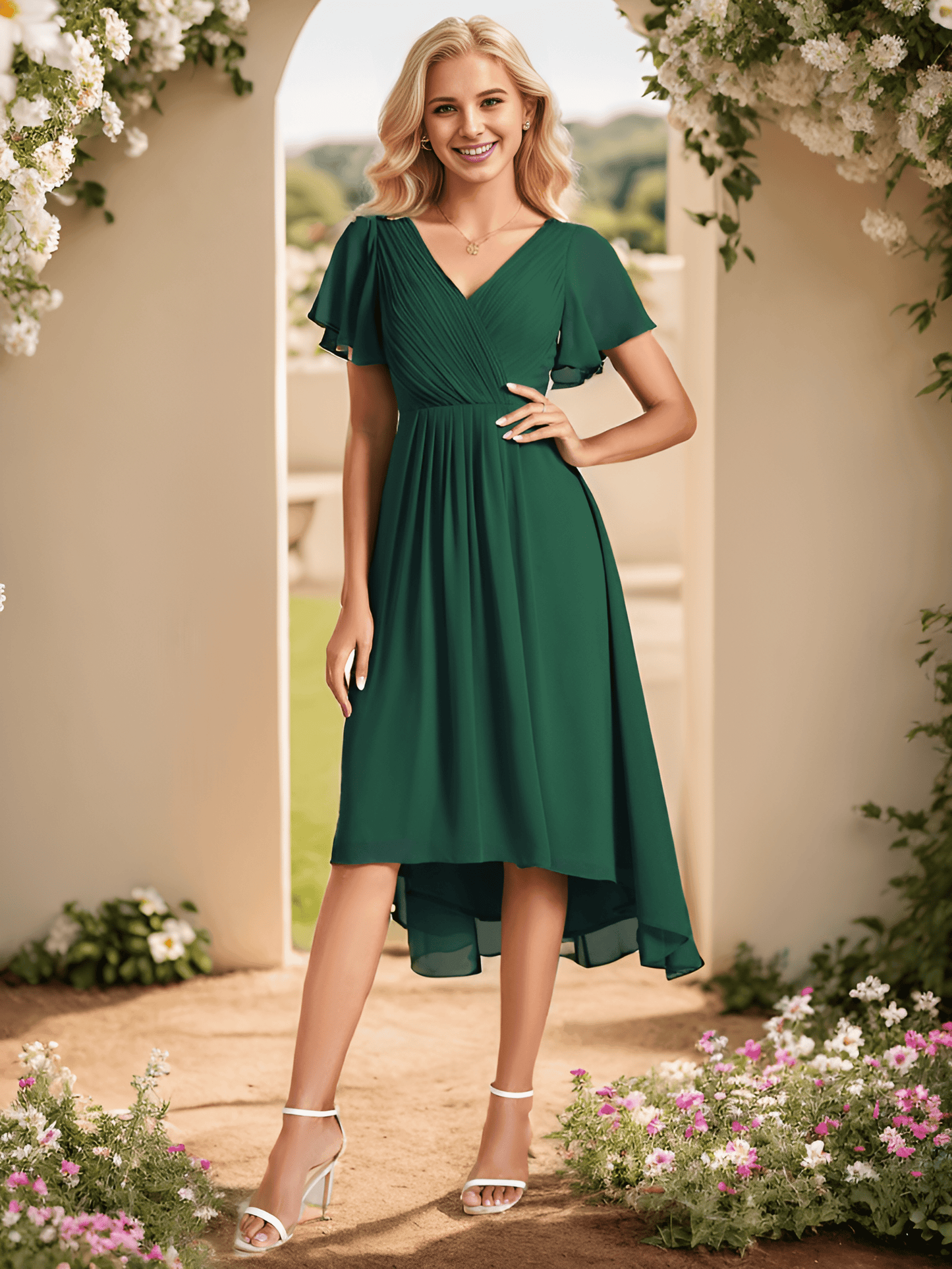 ever FAYE|Plus Size Pleated Midi Ruffles Sleeve Chiffon Bridesmaid Dress