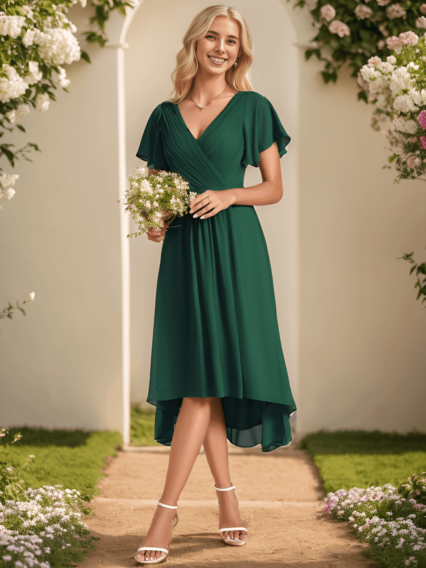 ever FAYE|Plus Size Pleated Midi Ruffles Sleeve Chiffon Bridesmaid Dress