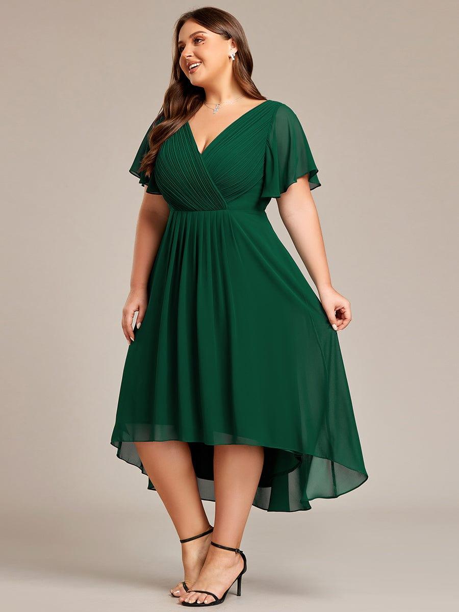 ever FAYE|Chic V Neck Asymmetrical Hem Ruffles Sleeve Pleated Chiffon Wedding Guest Dress
