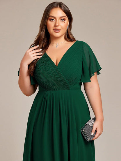 pretty FAYE|Plus Size Double V-Neck Ruffles Sleeve Chiffon Midi Wedding Guest Dress