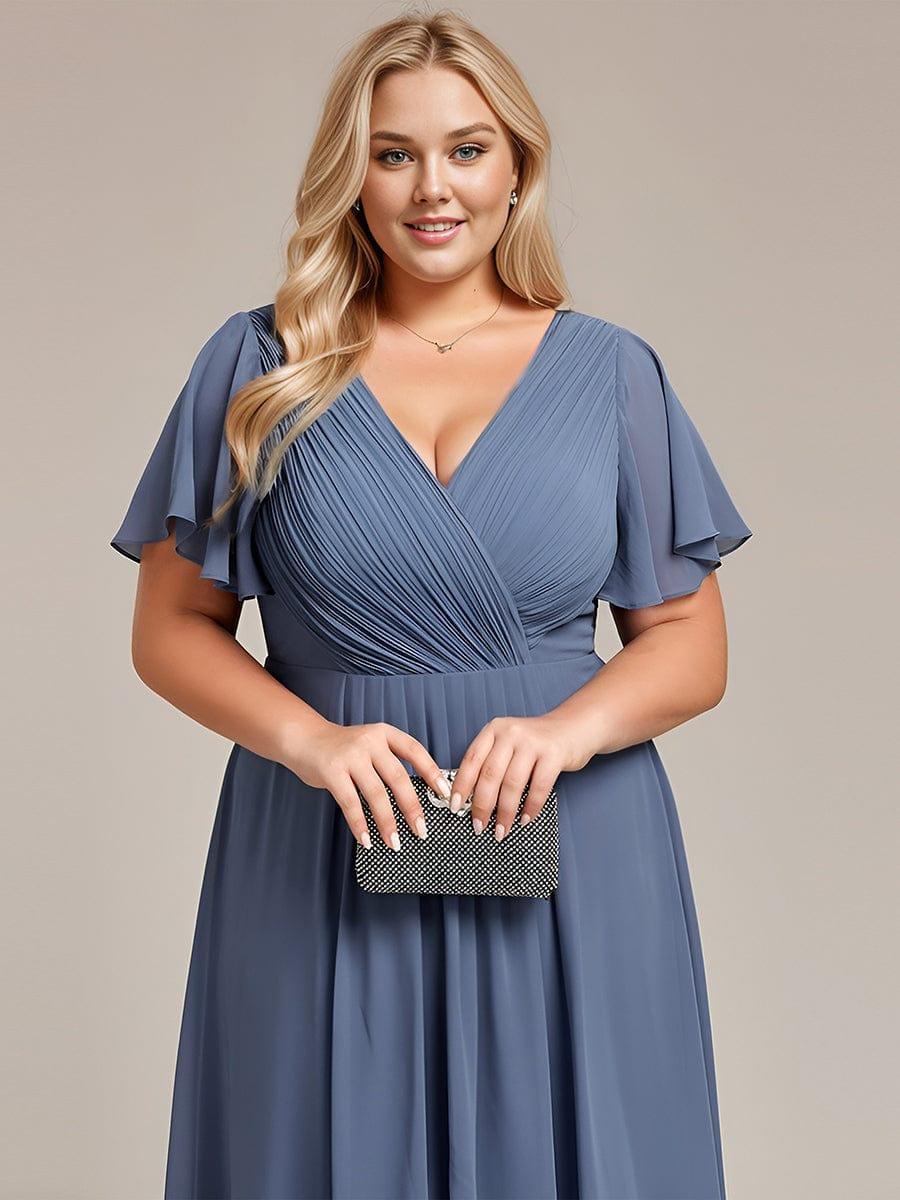 ever FAYE|Chic V Neck Asymmetrical Hem Ruffles Sleeve Pleated Chiffon Wedding Guest Dress