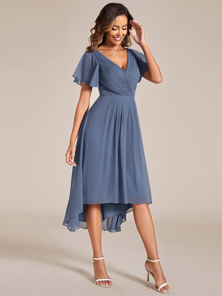 ever FAYE|Chic V Neck Asymmetrical Hem Ruffles Sleeve Pleated Chiffon Wedding Guest Dress