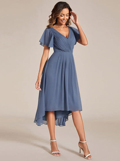 ever FAYE|Chic V Neck Asymmetrical Hem Ruffles Sleeve Pleated Chiffon Wedding Guest Dress