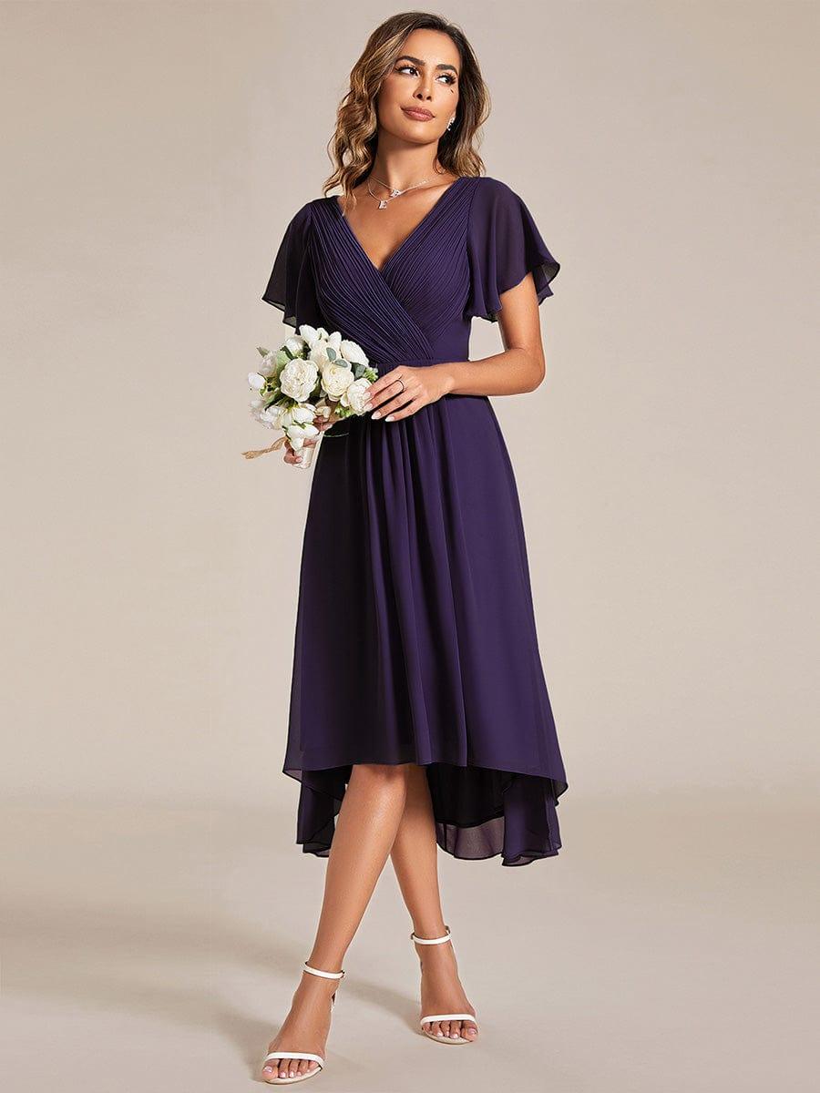 ever FAYE|Chic V Neck Asymmetrical Hem Ruffles Sleeve Pleated Chiffon Wedding Guest Dress