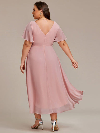 ever FAYE|Chic V Neck Asymmetrical Hem Ruffles Sleeve Pleated Chiffon Wedding Guest Dress