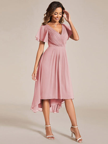 ever FAYE|Chic V Neck Asymmetrical Hem Ruffles Sleeve Pleated Chiffon Wedding Guest Dress