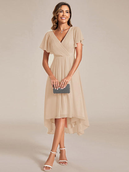 ever FAYE|Chic V Neck High-Low Short Sleeve Wedding Guest Dress