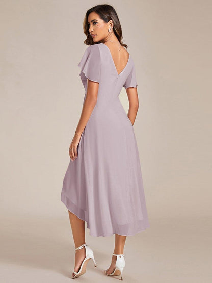 ever FAYE|Chic V Neck High-Low Short Sleeve Wedding Guest Dress