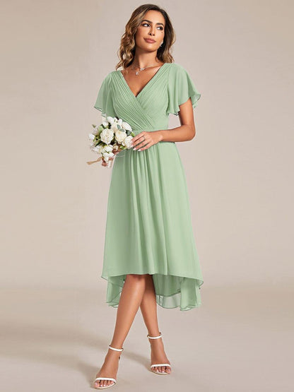 ever FAYE|Chic V Neck Asymmetrical Hem Ruffles Sleeve Pleated Chiffon Wedding Guest Dress