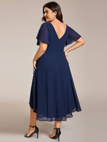 pretty FAYE|Plus Size Double V-Neck Ruffles Sleeve Chiffon Midi Wedding Guest Dress