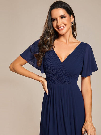 ever FAYE|Chic V Neck Asymmetrical Hem Ruffles Sleeve Pleated Chiffon Wedding Guest Dress