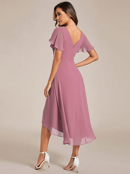 ever FAYE|Chic V Neck Asymmetrical Hem Ruffles Sleeve Pleated Chiffon Wedding Guest Dress