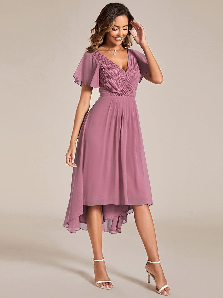 ever FAYE|Chic V Neck Asymmetrical Hem Ruffles Sleeve Pleated Chiffon Wedding Guest Dress