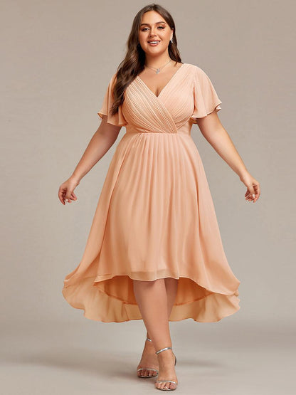 ever FAYE|Chic V Neck Asymmetrical Hem Ruffles Sleeve Pleated Chiffon Wedding Guest Dress