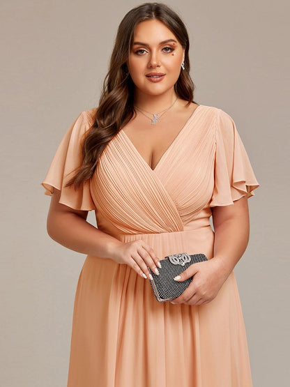 ever FAYE|Chic V Neck Asymmetrical Hem Ruffles Sleeve Pleated Chiffon Wedding Guest Dress
