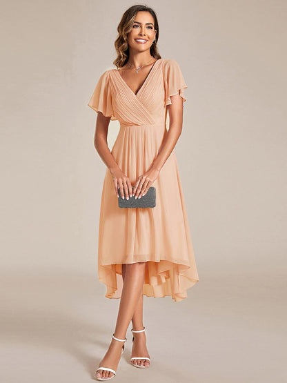ever FAYE|Chic V Neck Asymmetrical Hem Ruffles Sleeve Pleated Chiffon Wedding Guest Dress