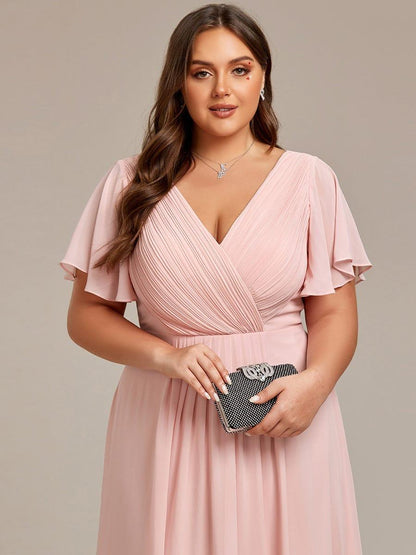 ever FAYE|Chic V Neck Asymmetrical Hem Ruffles Sleeve Pleated Chiffon Wedding Guest Dress
